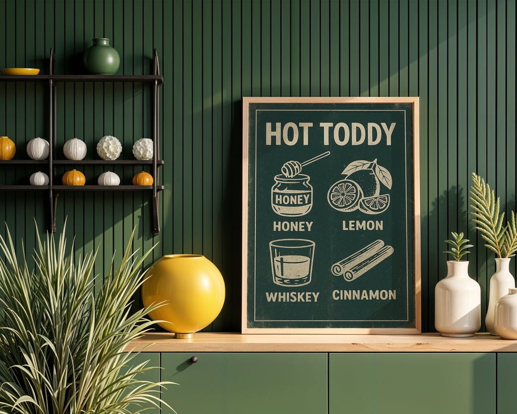 Hot Toddy poster displayed in a cosy interior setting