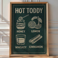 Illustrated 'Hot Toddy' recipe print with honey, lemon, whiskey and cinnamon icons on a dark green background