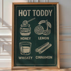 Illustrated 'Hot Toddy' recipe print with honey, lemon, whiskey and cinnamon icons on a dark green background
