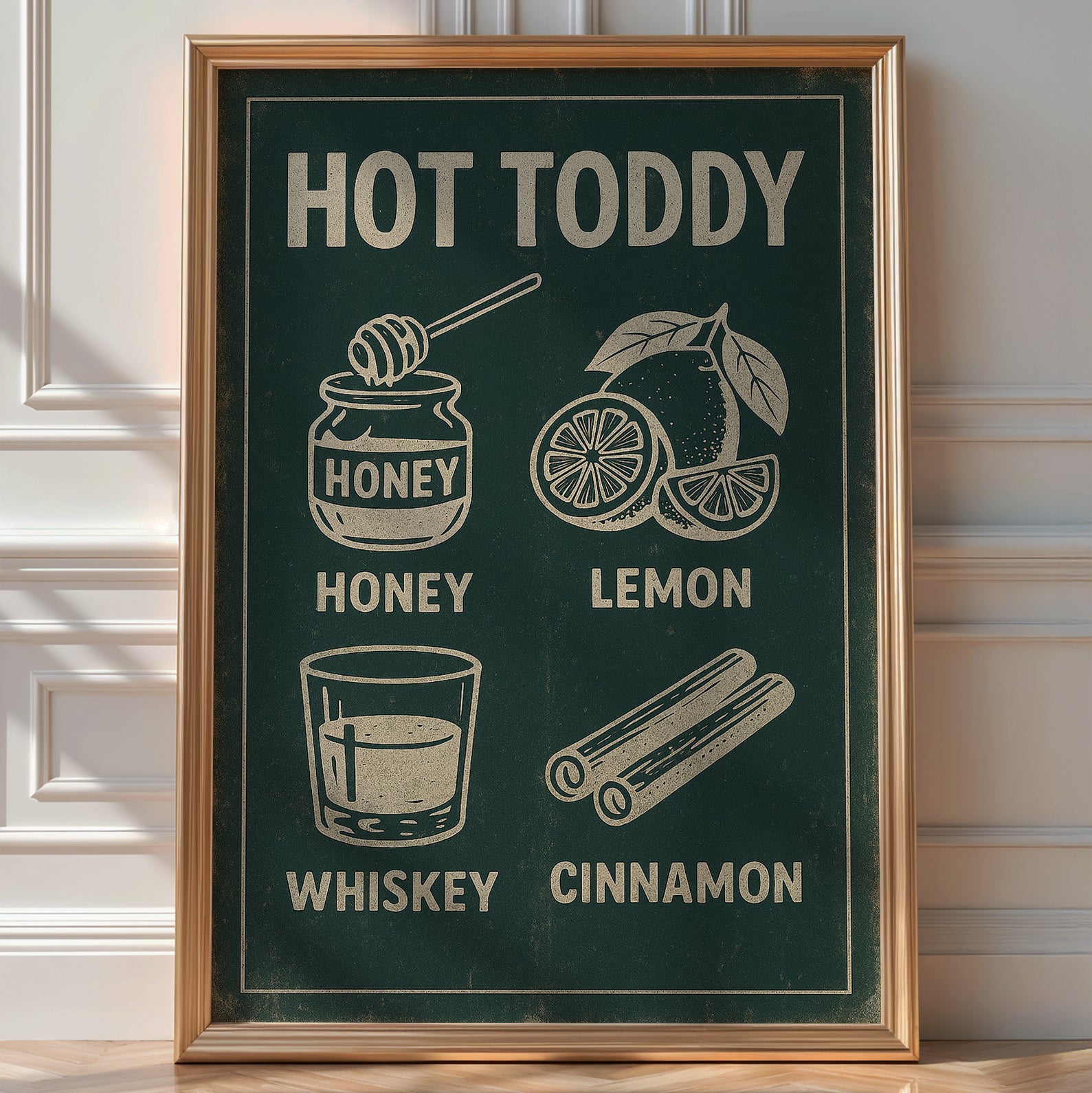Illustrated 'Hot Toddy' recipe print with honey, lemon, whiskey and cinnamon icons on a dark green background