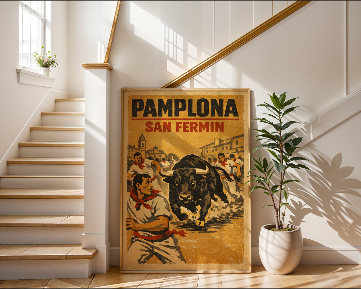 Close-up view of the Pamplona San Fermín poster