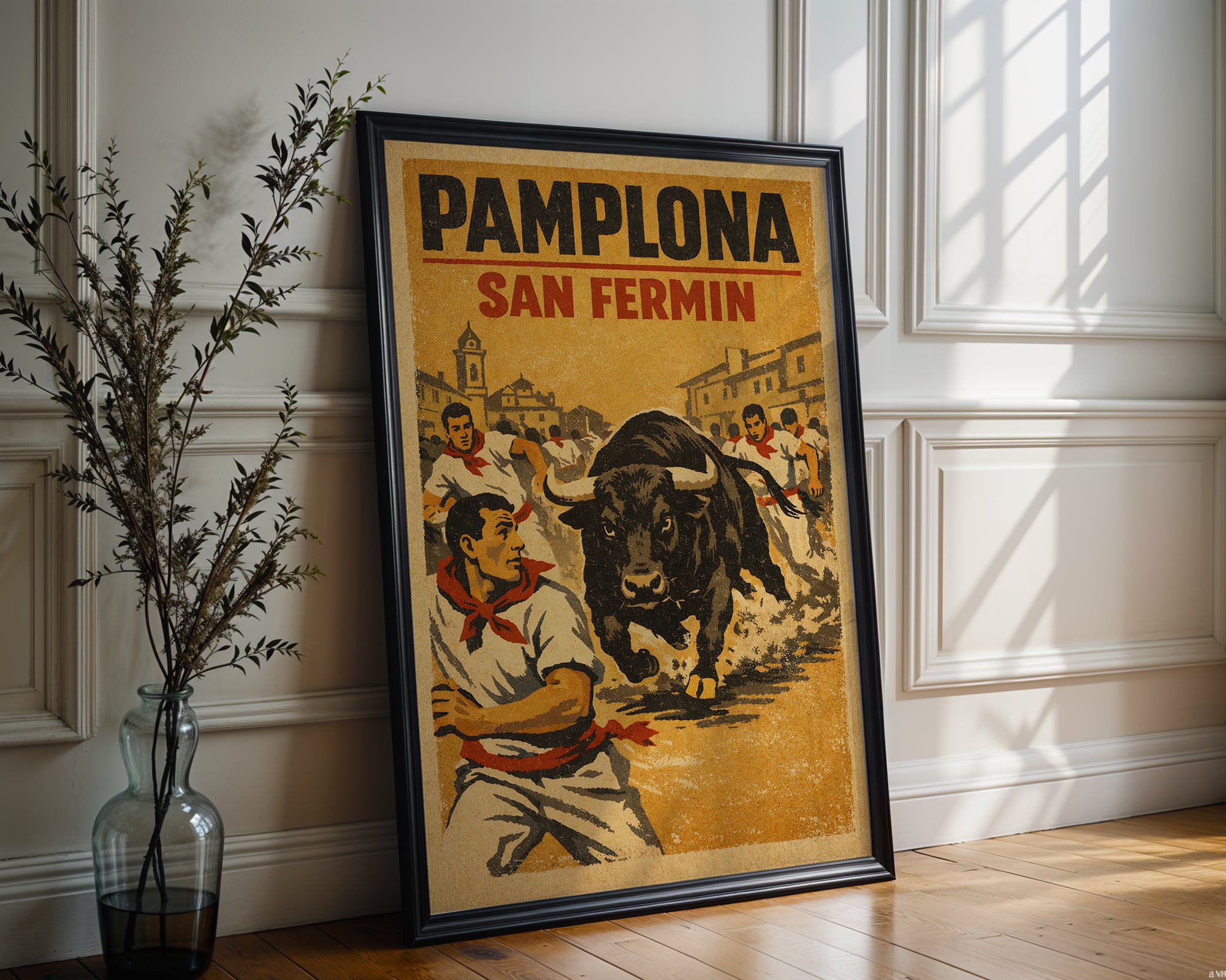 Pamplona San Fermín poster mockup shown on a gallery wall