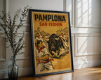 Pamplona San Fermín poster mockup shown on a gallery wall