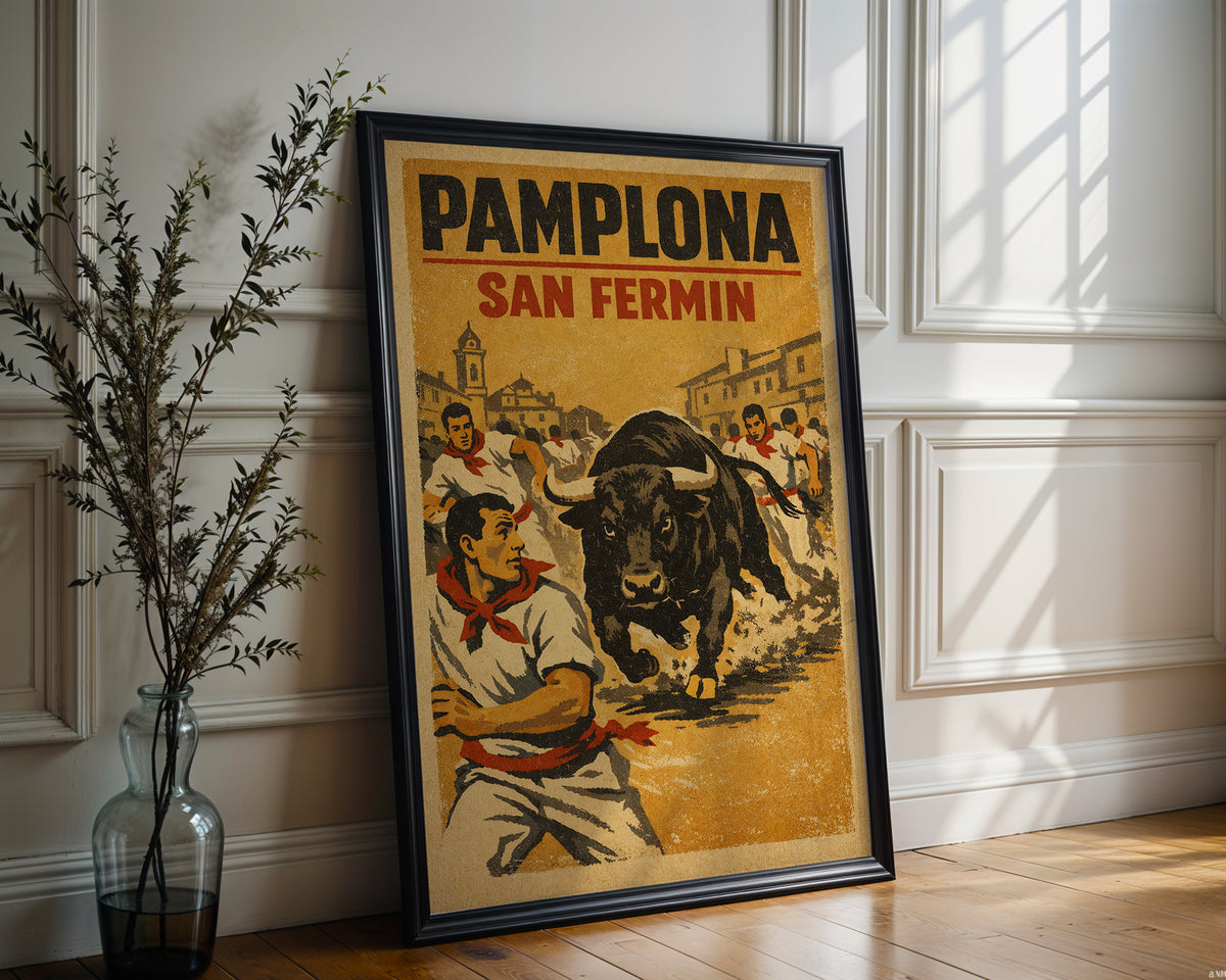 Pamplona San Fermín poster mockup shown on a gallery wall