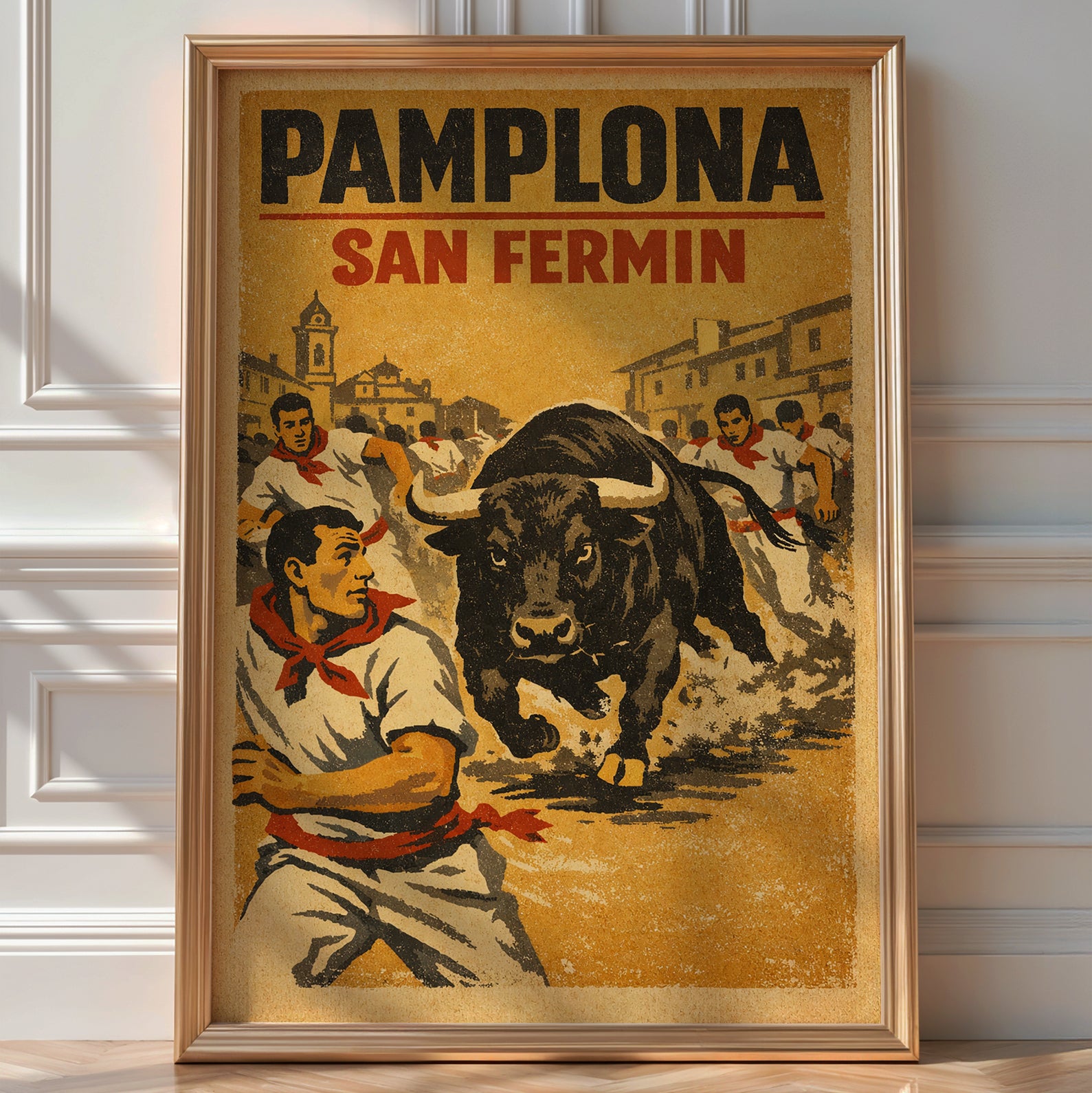 Vintage 'Pamplona San Fermín' poster of runners fleeing a charging bull through the streets