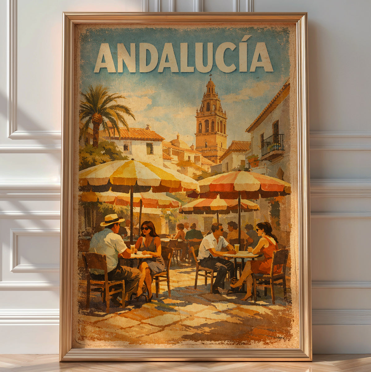 Vintage 'Andalucía' poster of a sunny café terrace with striped umbrellas below a Spanish bell tower