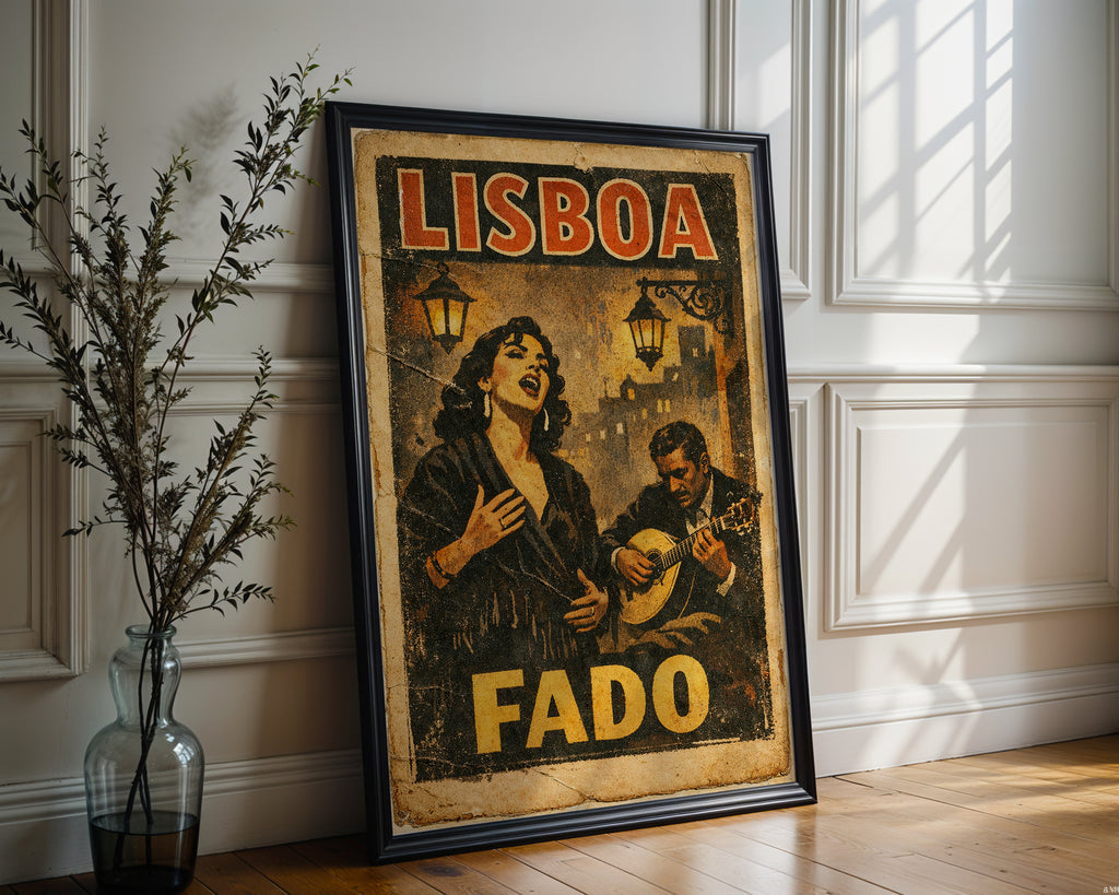 Lisboa Fado poster mockup shown on a gallery wall