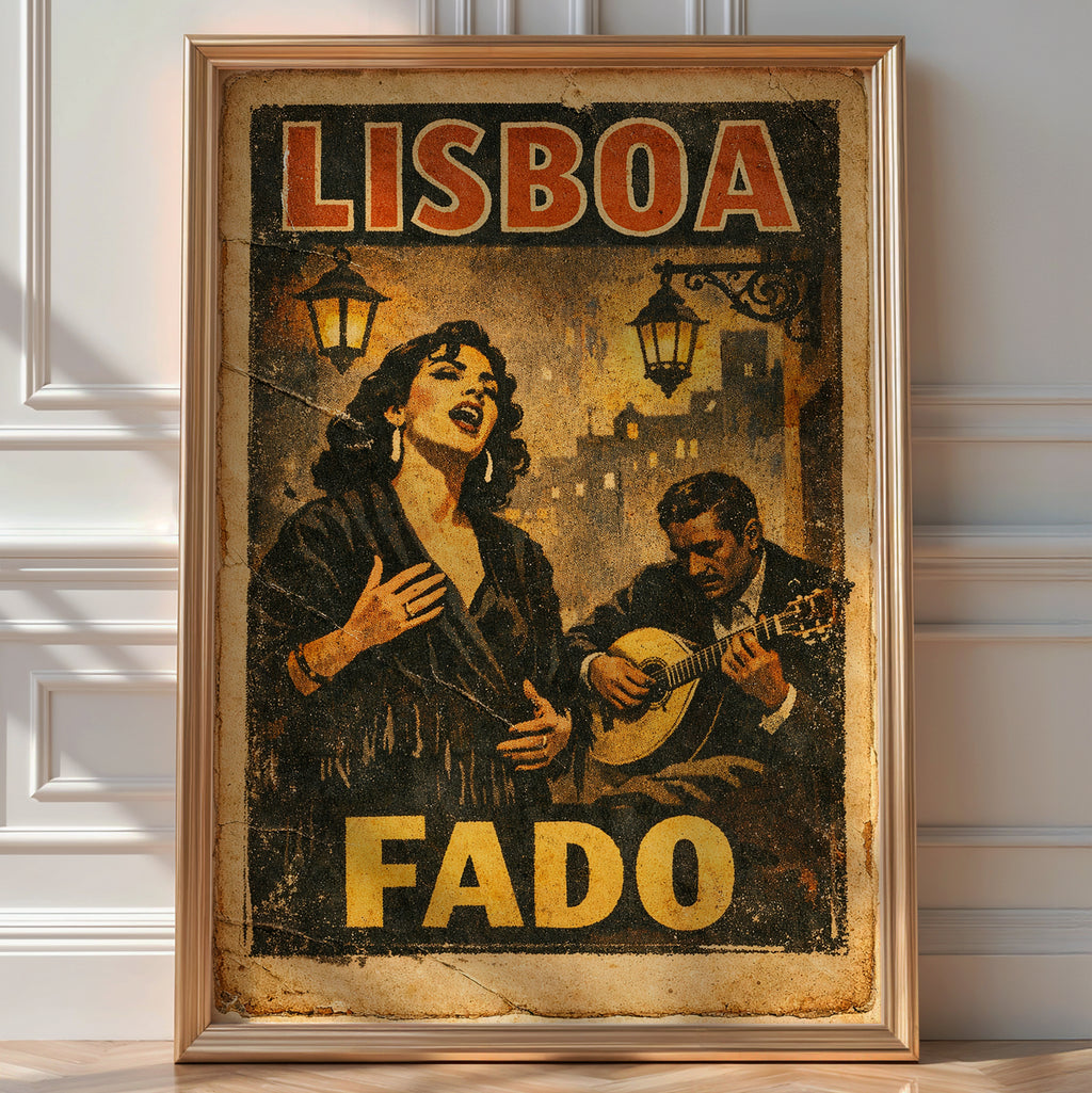 Vintage 'Lisboa Fado' poster of a singer and guitarist performing beneath lamplight