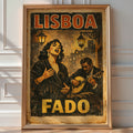 Vintage 'Lisboa Fado' poster of a singer and guitarist performing beneath lamplight