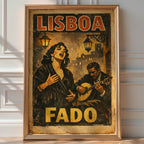 Vintage 'Lisboa Fado' poster of a singer and guitarist performing beneath lamplight