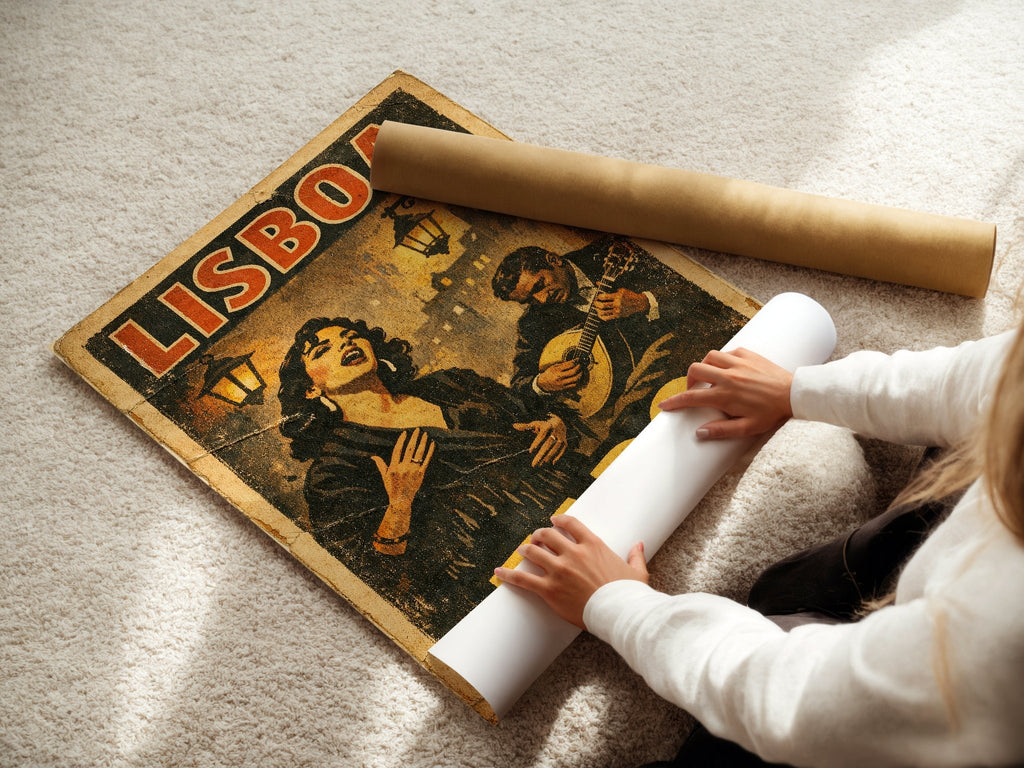 Lisboa Fado poster displayed in a styled room setting