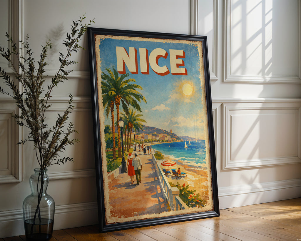 Nice Riviera poster displayed in a cosy interior setting