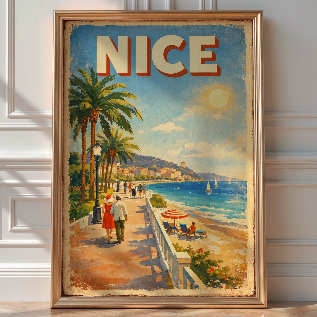 Vintage 'Nice' poster of a couple strolling a palm-lined promenade along the French Riviera coast