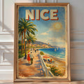 Vintage 'Nice' poster of a couple strolling a palm-lined promenade along the French Riviera coast