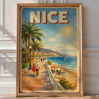 Vintage 'Nice' poster of a couple strolling a palm-lined promenade along the French Riviera coast