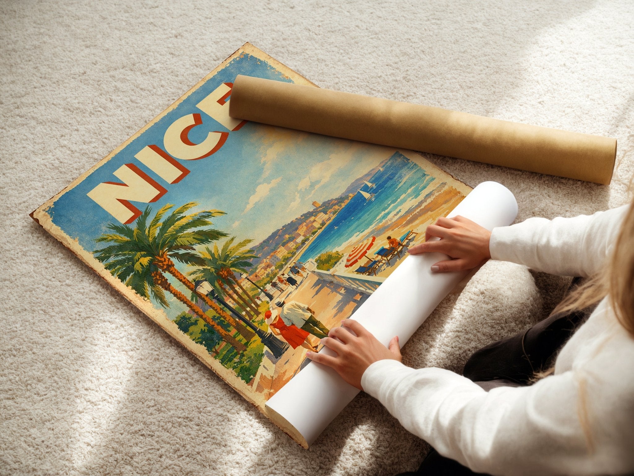 Nice Riviera poster displayed in a styled room setting