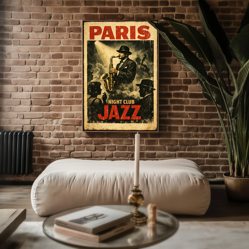 Paris Jazz Night poster mockup shown on a gallery wall