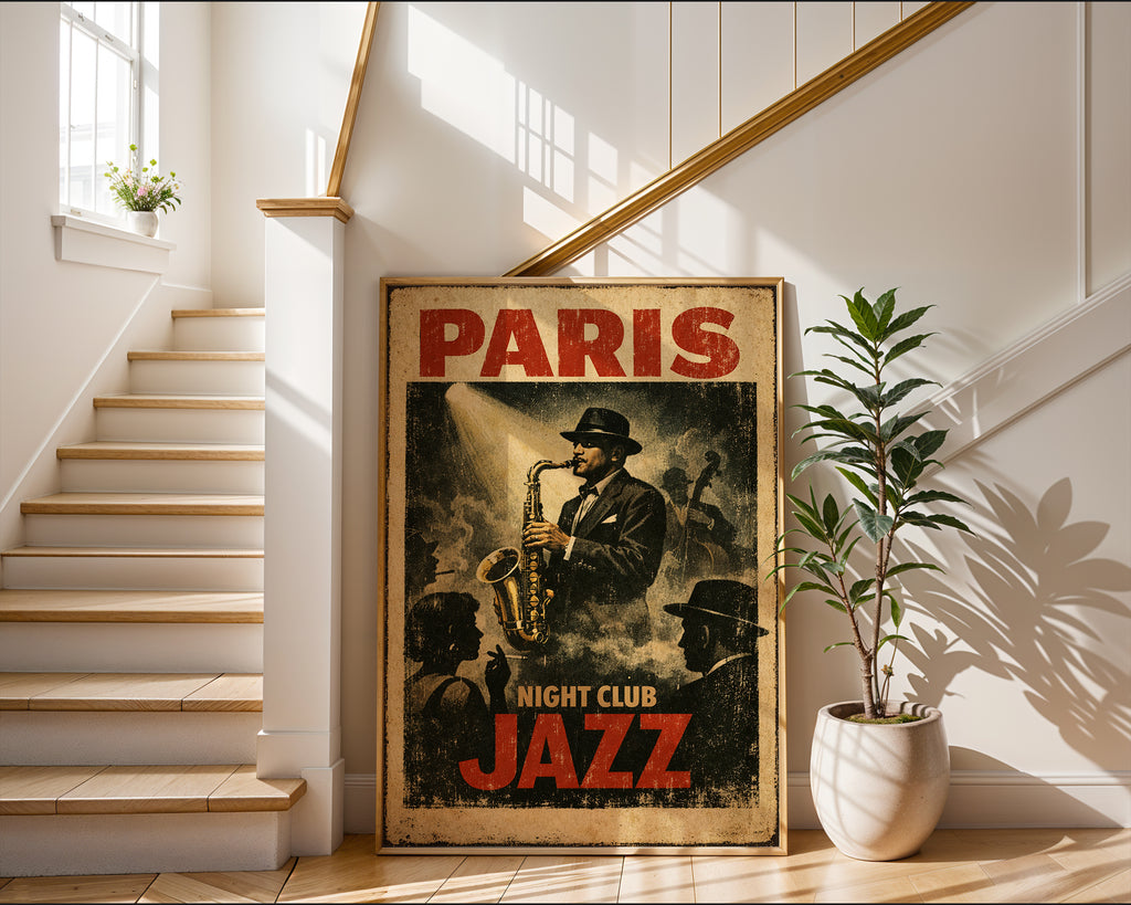 Paris Jazz Night poster displayed in a cosy interior setting