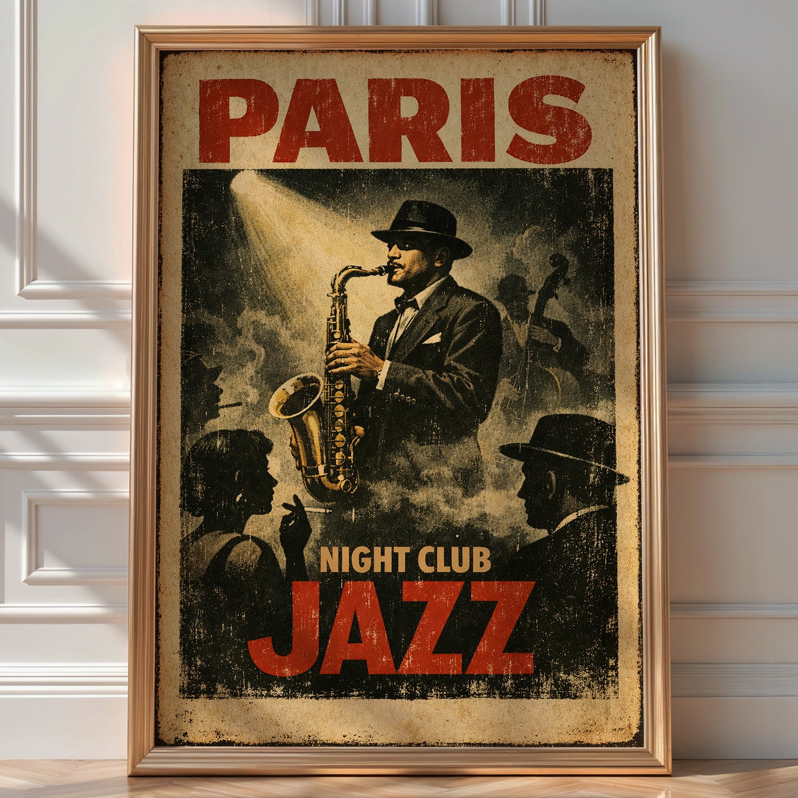 Vintage 'Paris Night Club Jazz' poster of a saxophonist performing under a spotlight