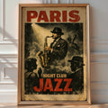 Vintage 'Paris Night Club Jazz' poster of a saxophonist performing under a spotlight
