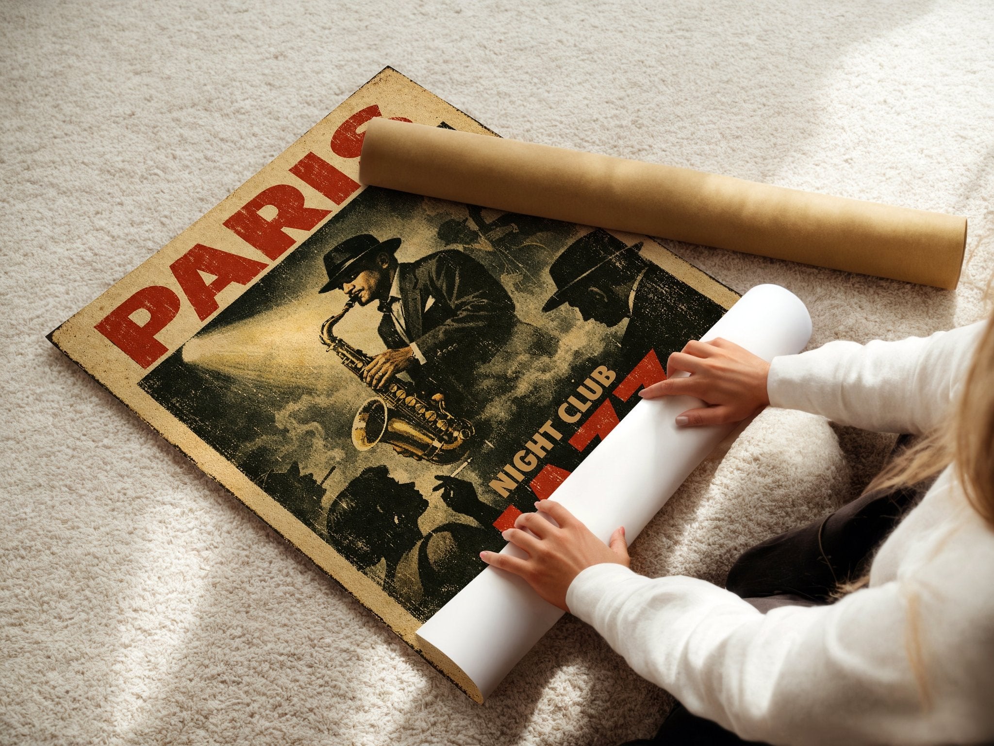 Paris Jazz Night poster displayed in a styled room setting