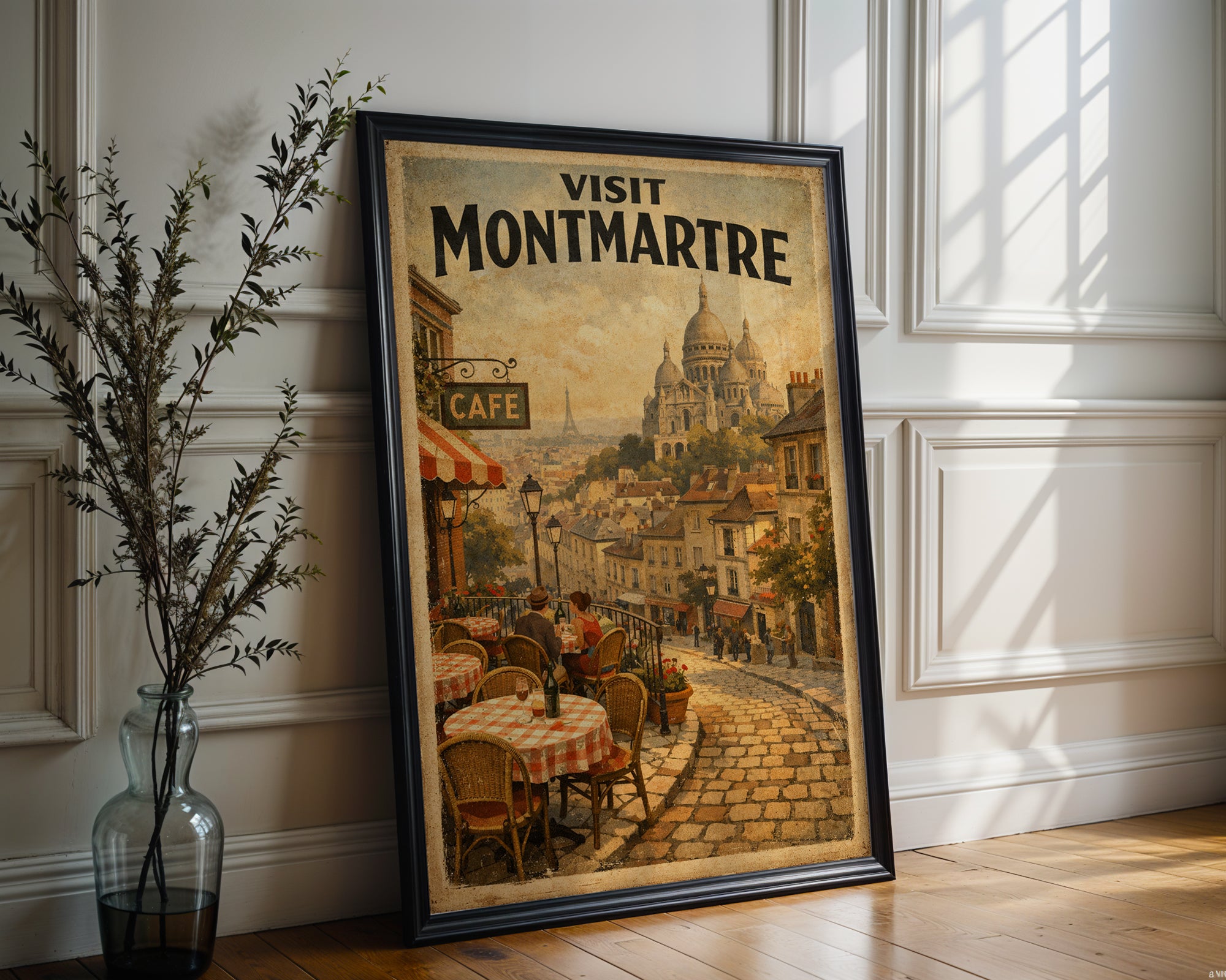 Visit Montmartre poster mockup shown on a gallery wall