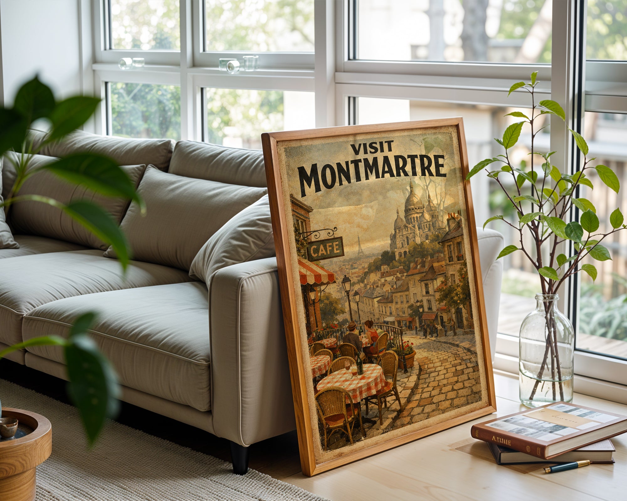 Visit Montmartre poster displayed in a cosy interior setting