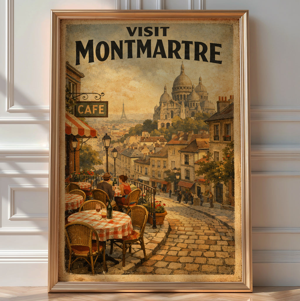 Vintage 'Visit Montmartre' poster of a Paris café terrace with the Sacré-Cœur basilica in the background