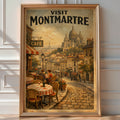 Vintage 'Visit Montmartre' poster of a Paris café terrace with the Sacré-Cœur basilica in the background