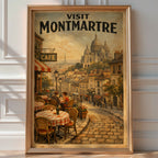 Vintage 'Visit Montmartre' poster of a Paris café terrace with the Sacré-Cœur basilica in the background