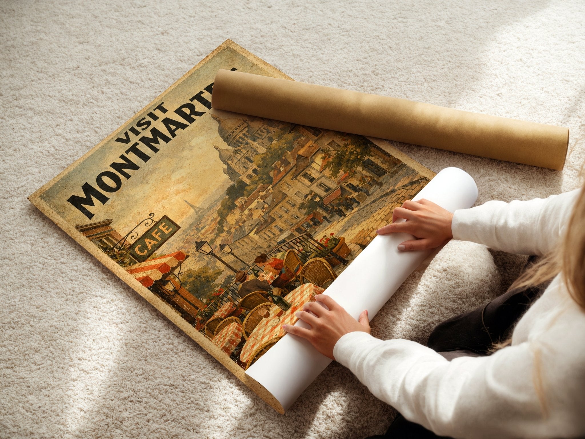 Visit Montmartre poster displayed in a styled room setting
