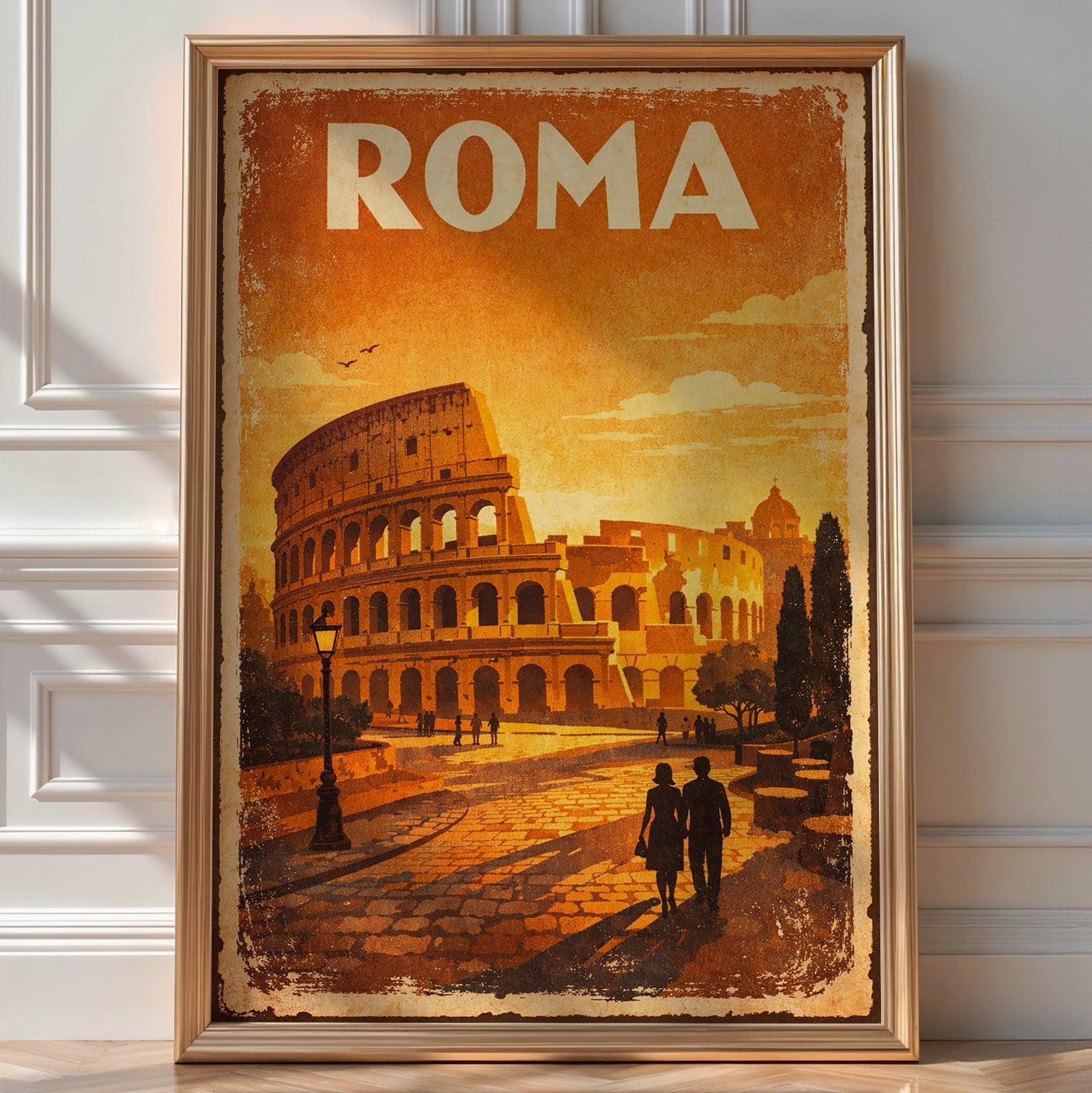 Vintage 'Roma' travel poster of the Colosseum at golden hour with a couple strolling past