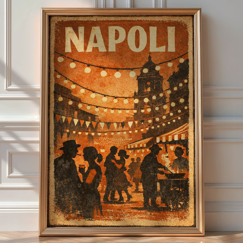 Vintage 'Napoli' poster of a silhouetted street festival with string lights, bunting and dancing figures