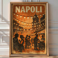 Vintage 'Napoli' poster of a silhouetted street festival with string lights, bunting and dancing figures