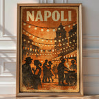 Vintage 'Napoli' poster of a silhouetted street festival with string lights, bunting and dancing figures