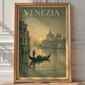 Vintage 'Venezia' poster of a gondolier on the Grand Canal at sunset with a domed basilica behind
