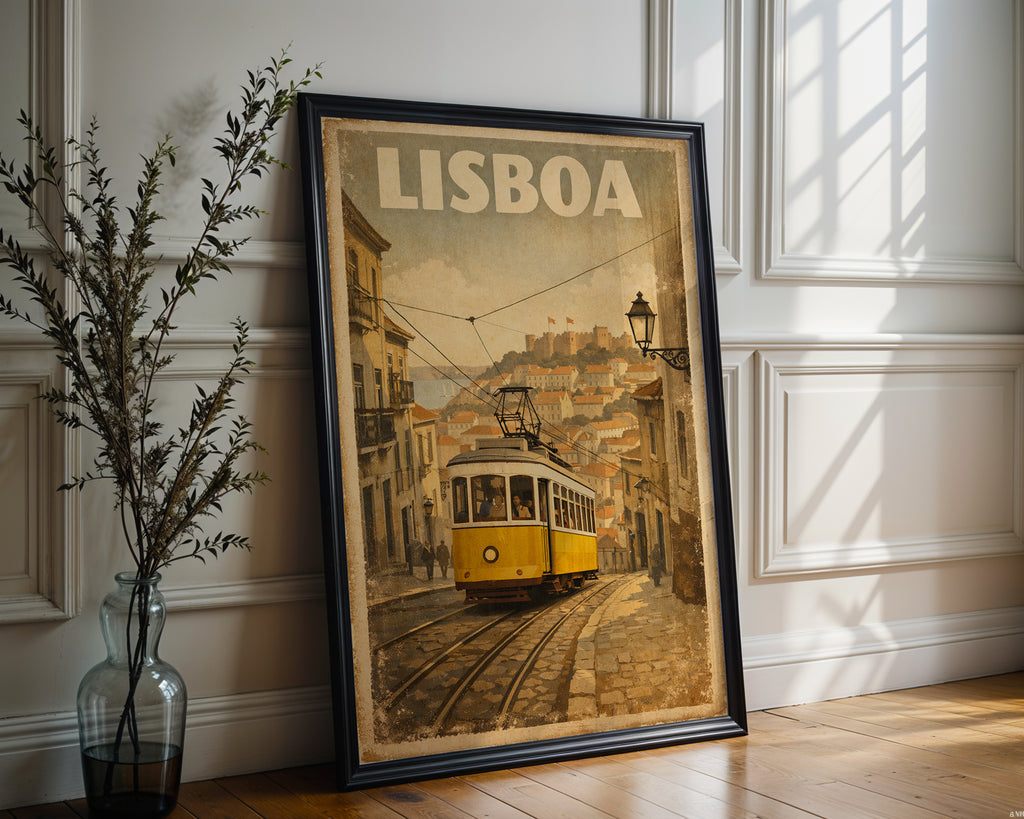 Close-up view of the Lisbon Tram poster