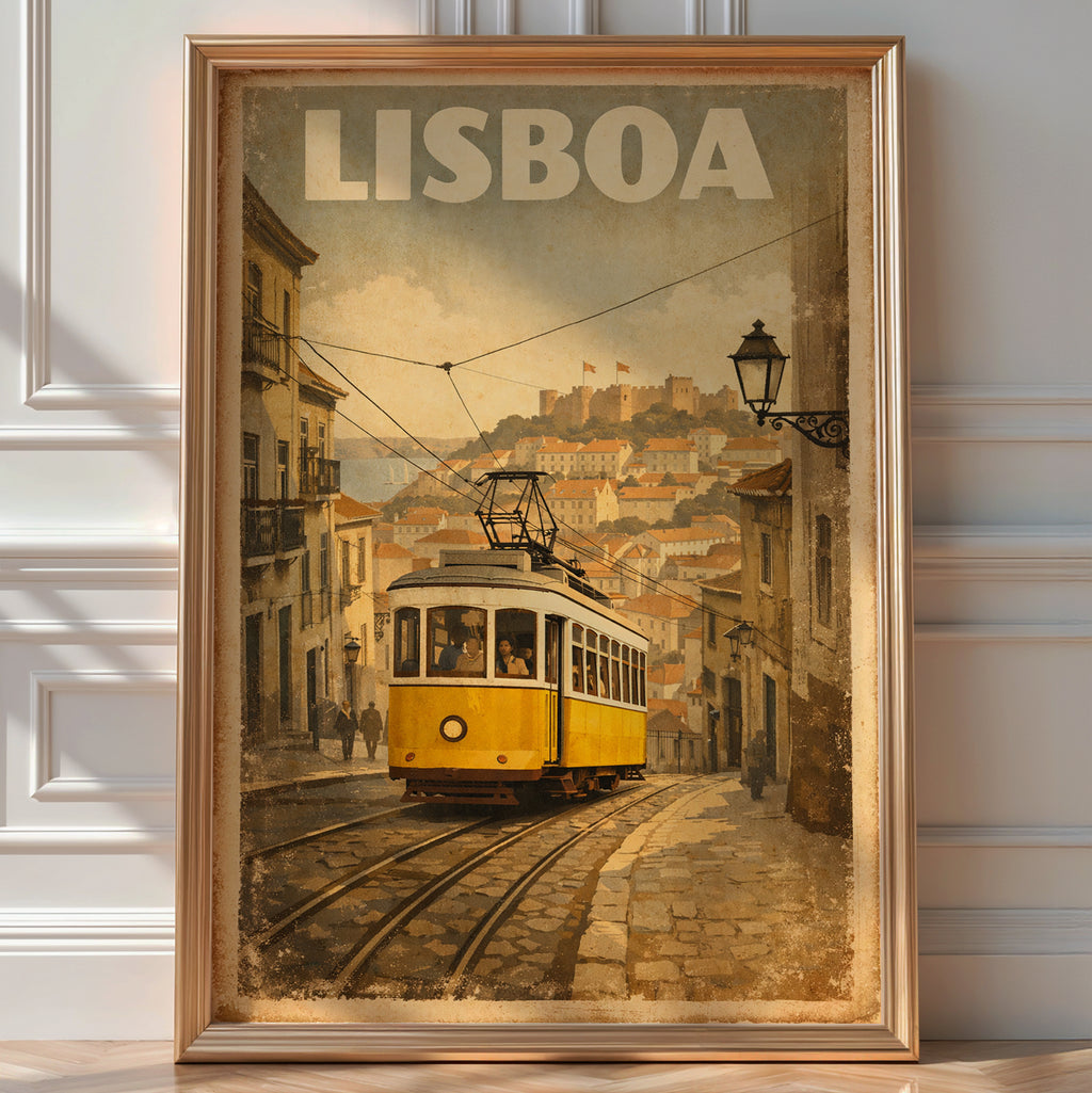 Vintage-style 'Lisboa' poster of a yellow tram winding through a cobbled hillside street below a castle