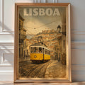 Vintage-style 'Lisboa' poster of a yellow tram winding through a cobbled hillside street below a castle