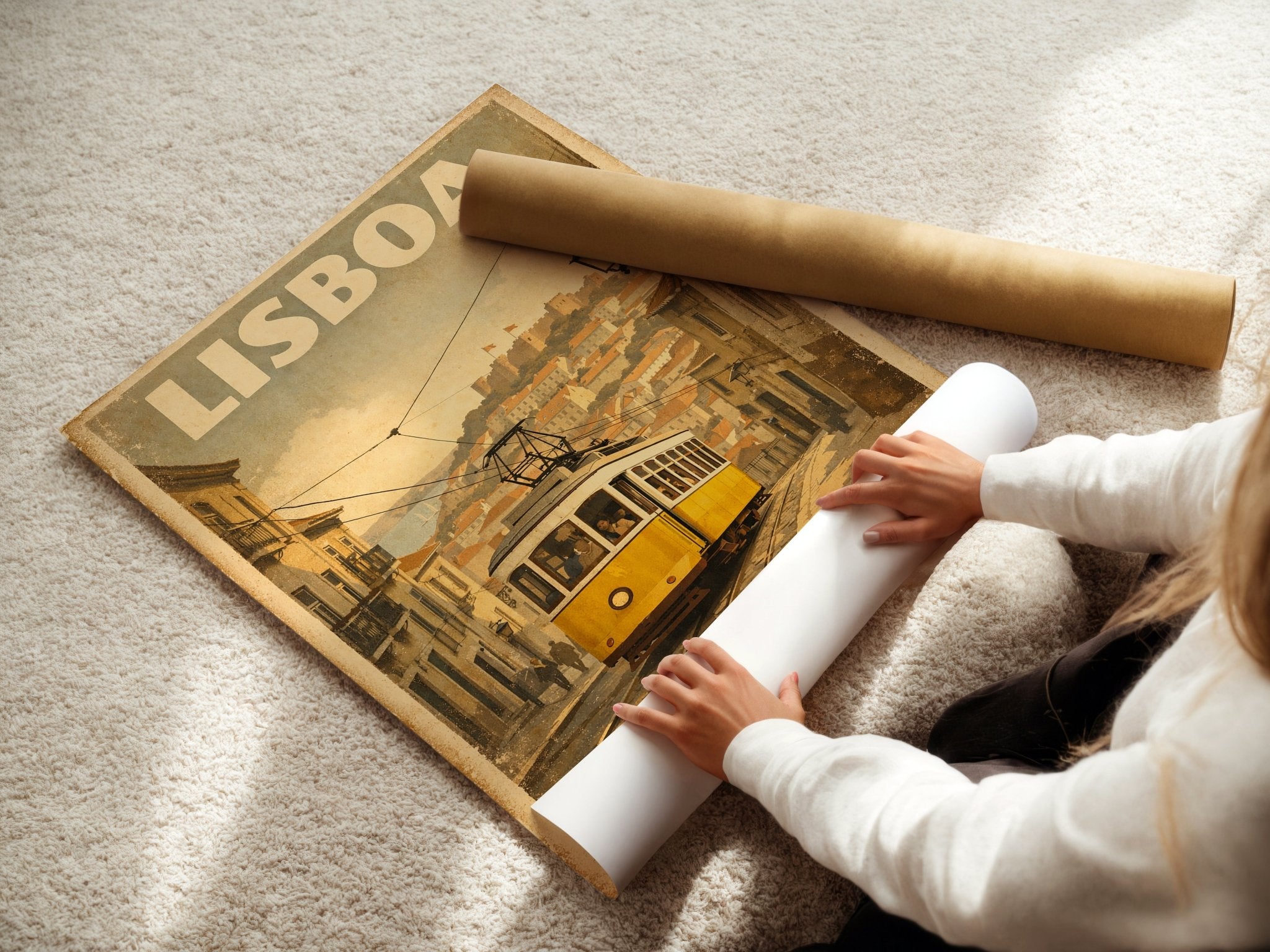 Lisbon Tram poster displayed in a styled room setting