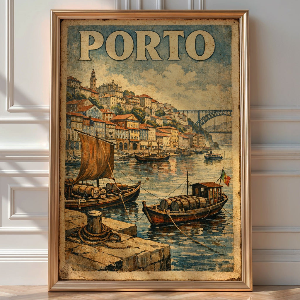 Vintage-style 'Porto' travel poster of the Douro riverfront with traditional rabelo wine boats and hillside houses