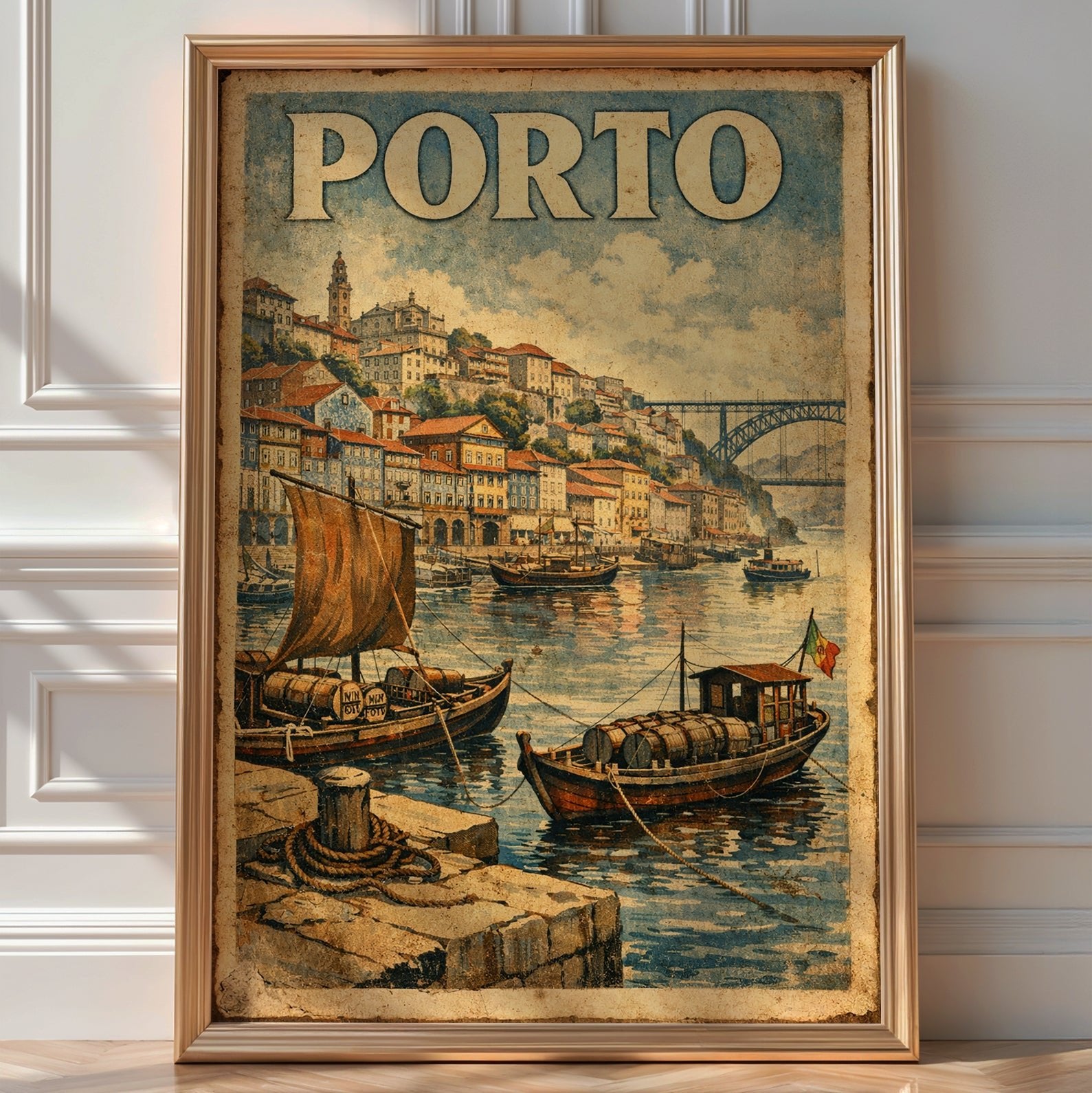 Vintage-style 'Porto' travel poster of the Douro riverfront with traditional rabelo wine boats and hillside houses