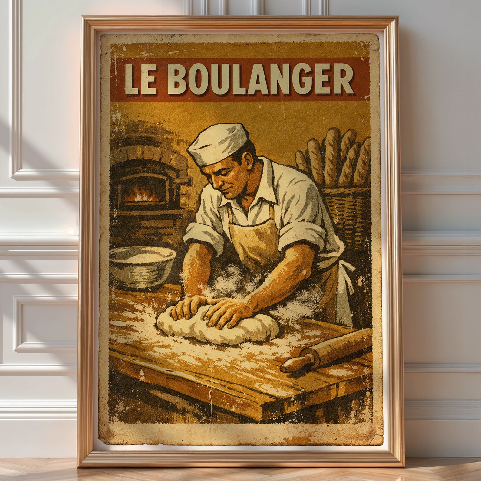 Illustrated vintage-style French bakery poster titled 'Le Boulanger', 1950s baker scene