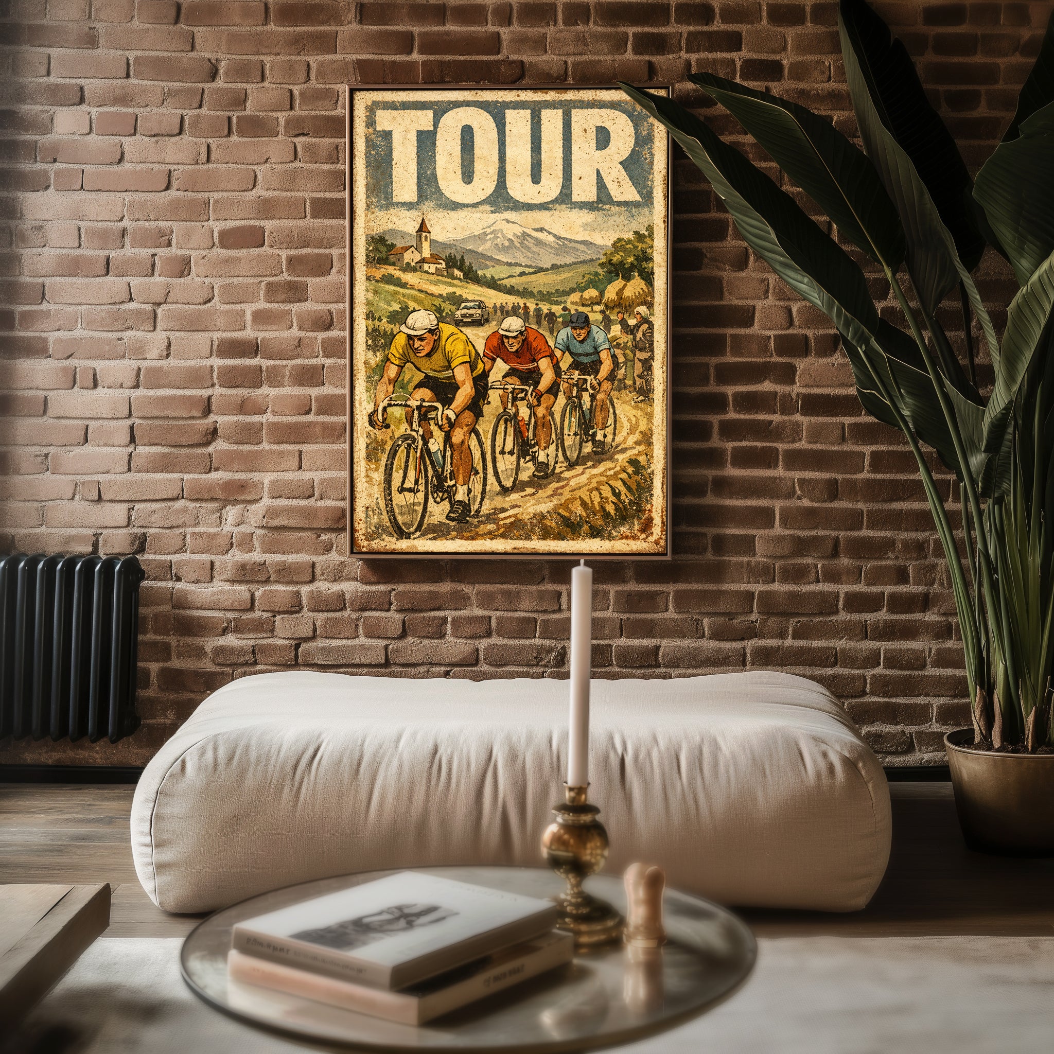 Mid-Century Cycling Race poster mockup shown on a gallery wall