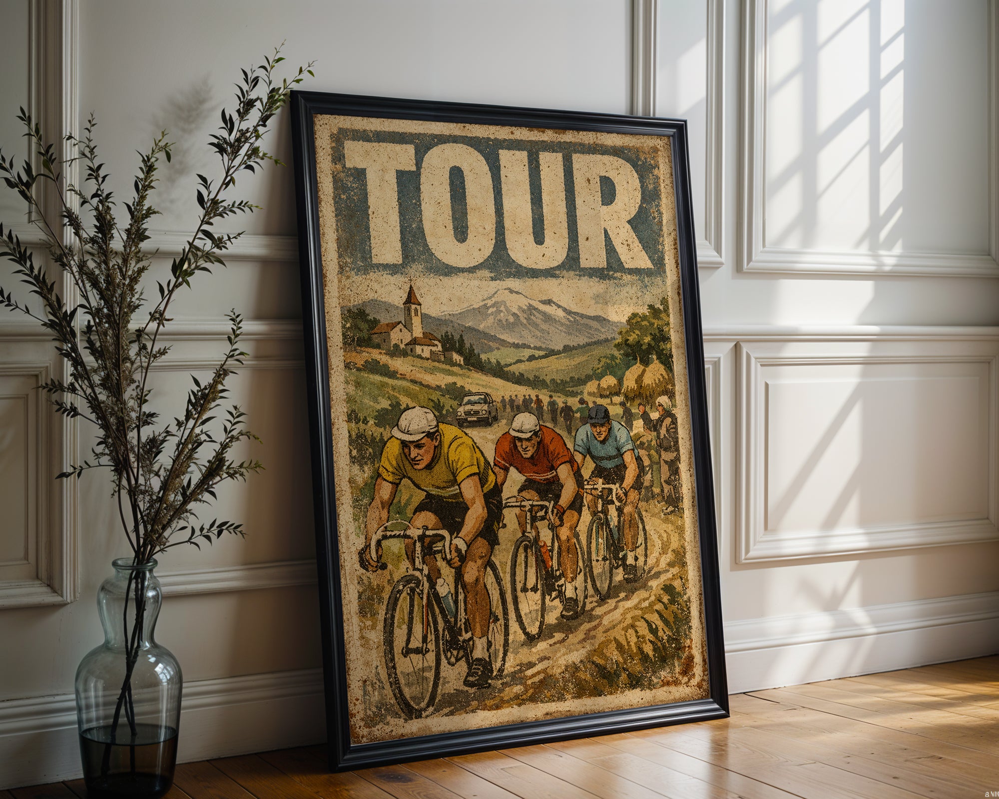 Mid-Century Cycling Race poster displayed in a cosy interior setting