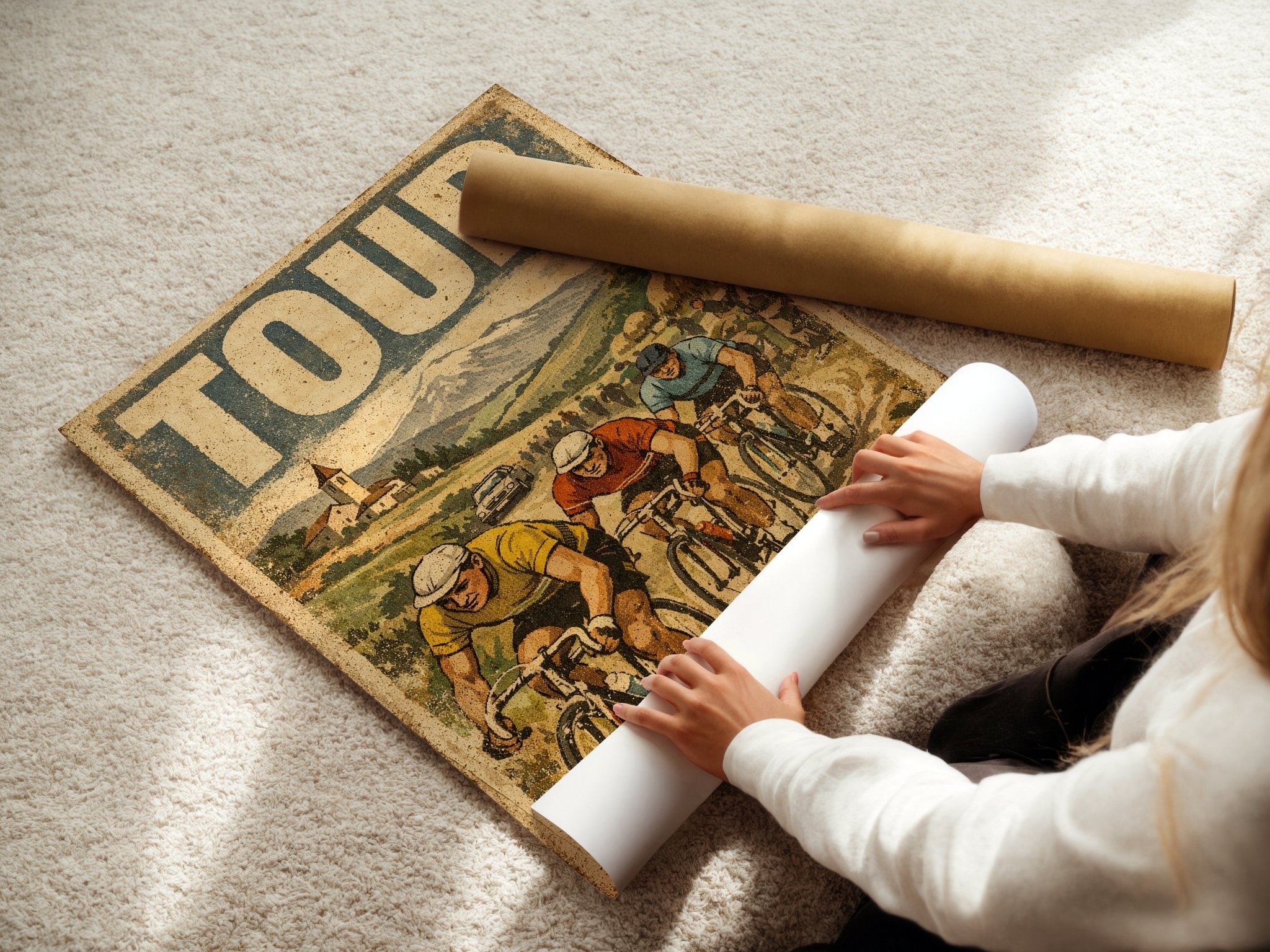 Mid-Century Cycling Race poster displayed in a styled room setting