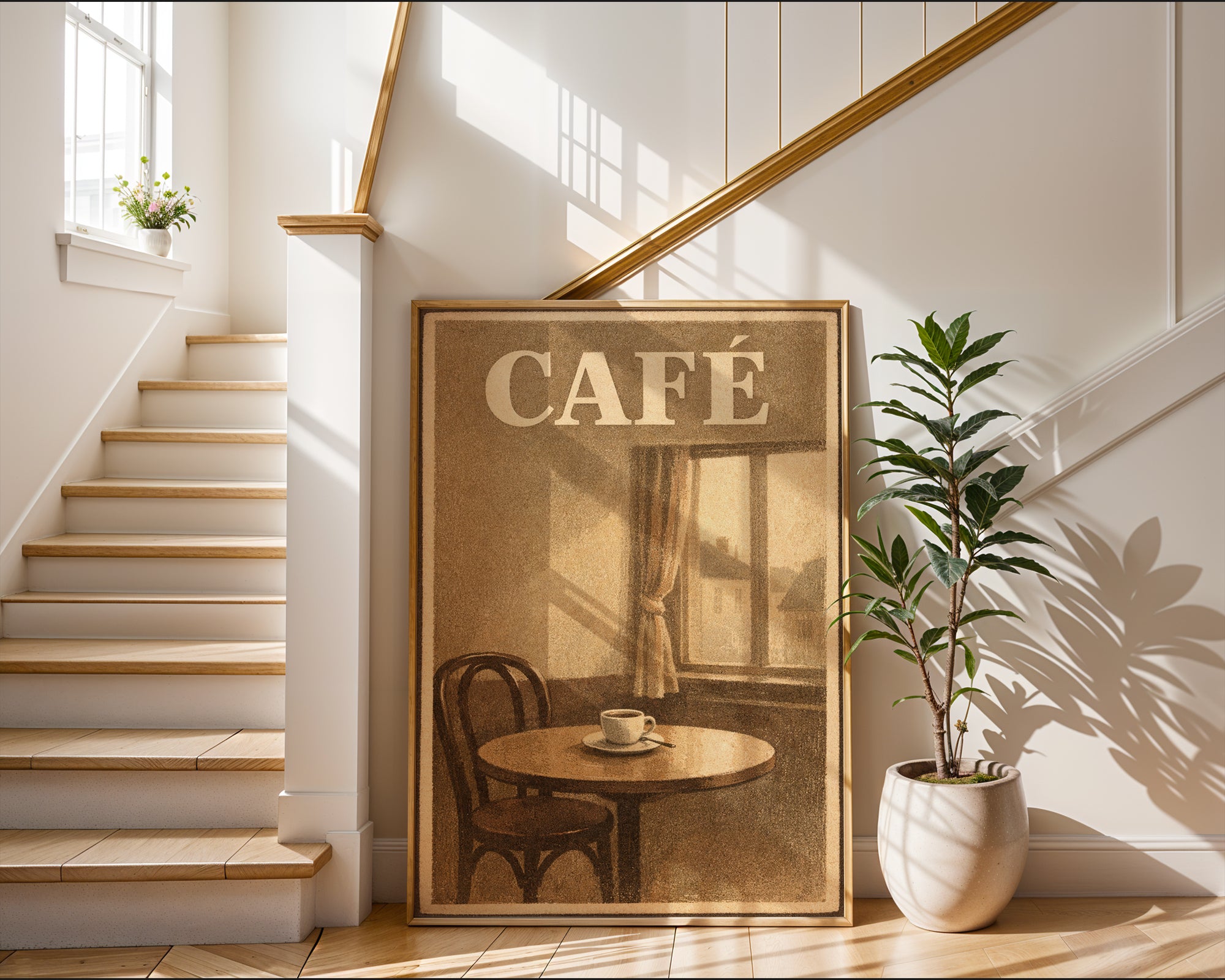 Vintage Café Interior poster mockup shown on a gallery wall