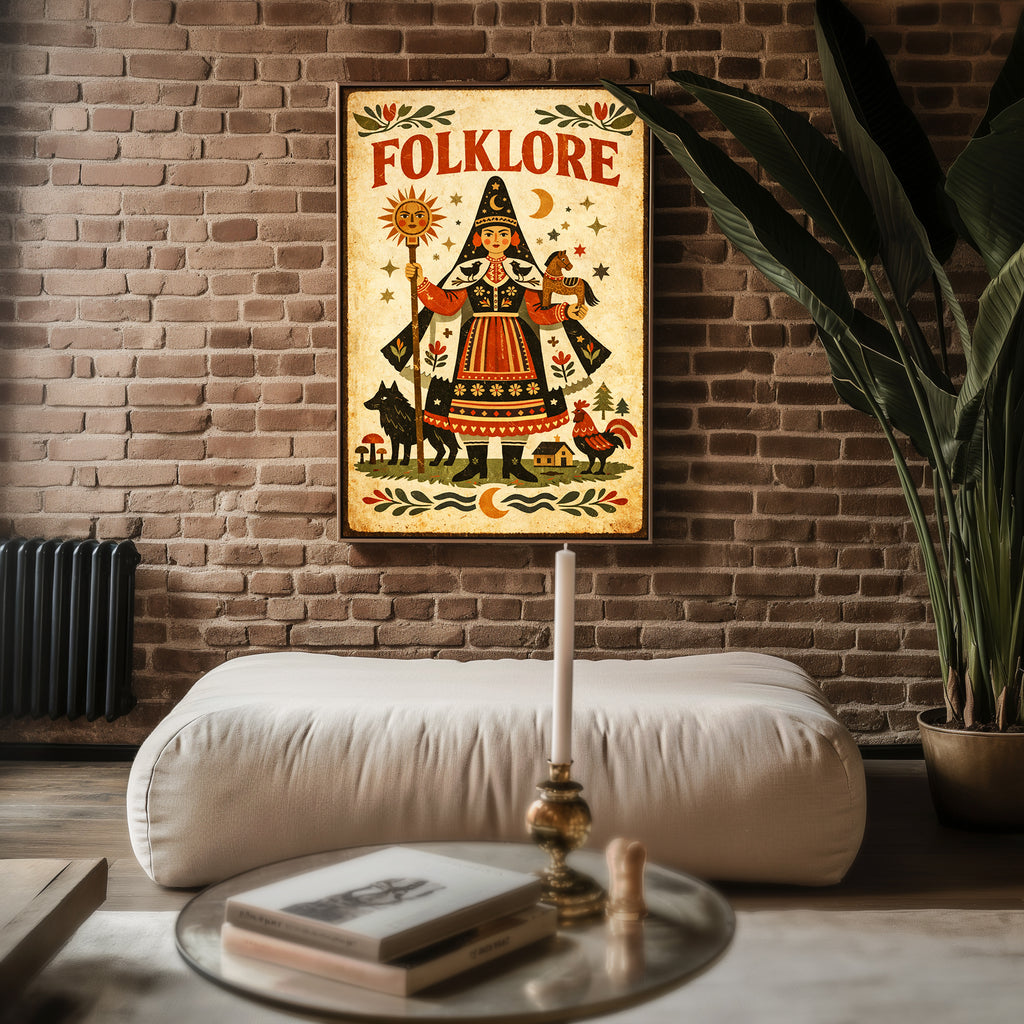 Close-up view of the Vintage Folklore poster