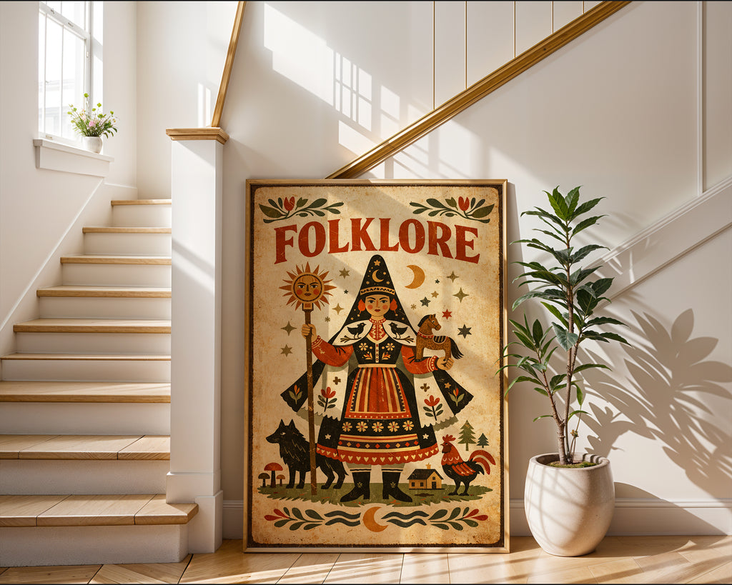 Vintage Folklore poster mockup shown on a gallery wall