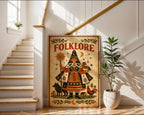 Vintage Folklore poster mockup shown on a gallery wall